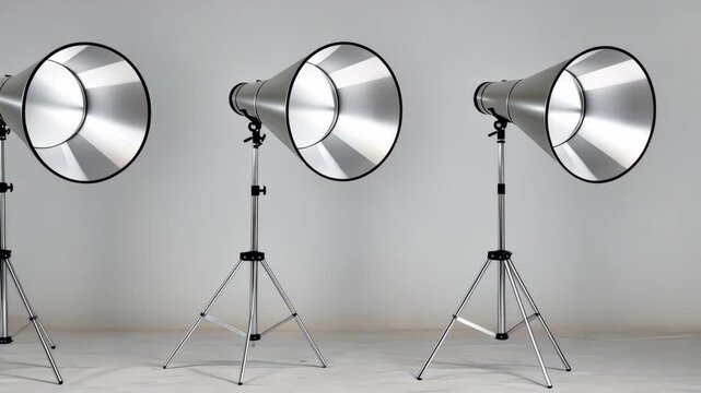 Three metallic studio light modifiers stand ready for use, showcasing sleek designs and advanced features for enhanced photography