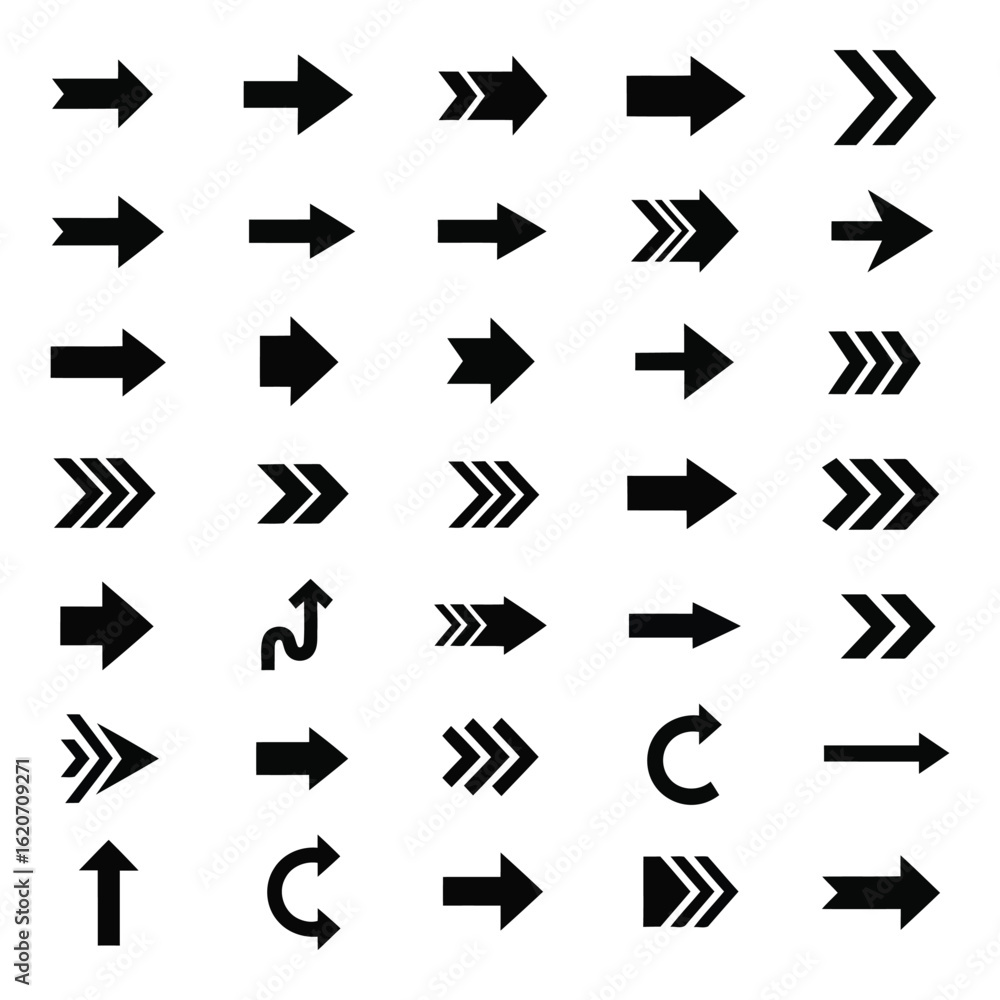 Poster art of collection of various black arrow symbols isolated on white background, representing directio