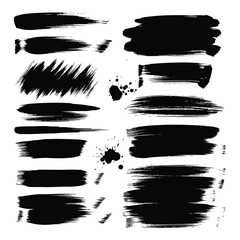 Art of collection of diverse black brush strokes and ink splatters isolated on a clean white background, perfect for artistic projects