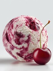 Ball of amaretto cherry ice cream wotj wjpůe fresj cherry on white surface background, food promotion, design, menu mockups, advertising.