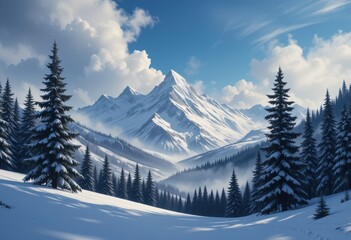 Fototapeta premium Close up Stylized Snowy Mountain Landscape with Trees and Clouds