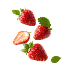 strawberry with half slices falling or floating in the air, cutout