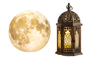 Golden moon and Islamic lantern cutout isolated on white background PNG. AI GENERATED.