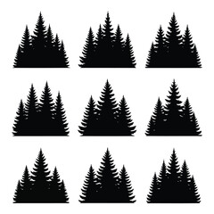 Obraz premium Art of collection of nine stylized black pine tree silhouettes isolated on a white background, representing a forest landscape