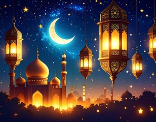 Night scene of mosque with lanterns