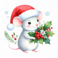 Cute Christmas mouse wearing a red Santa hat holds holly berries in a festive winter setting