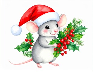 Cute Christmas mouse wearing Santa hat holds holly berries in soft watercolor style celebrating the festive season