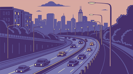 Illustration of a highway at night with cars driving towards a city skyline, showcasing urban transportation and modern infrastructure during the evening rush hour