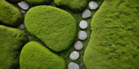 Lush green moss covering smooth rounded stones alongside a winding path of pebbles, creating a serene and natural zen garden texture.