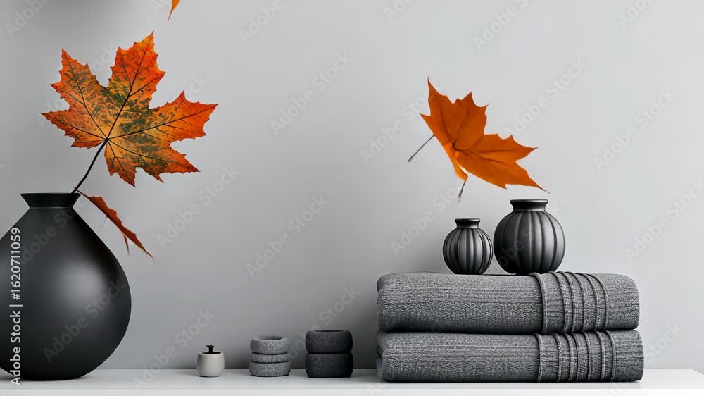 Poster soft gray towels are neatly stacked with decorative vases and an autumn leaf, creating a serene and 
