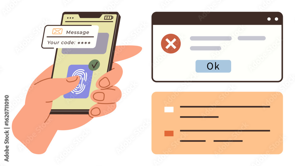 Poster smartphone with message, fingerprint scan, and a browser window showing an error message. ideal for 