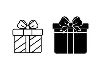 Vector art of two gift boxes with bows, one outlined and one solid, isolated on white background