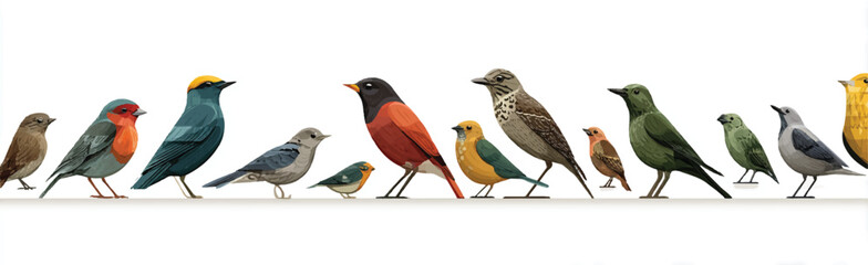 Diverse Group of Birds Illustration in a Row Isolated on White Background Birdwatching Concept Avian Diversity Wildlife Art Bright Colors