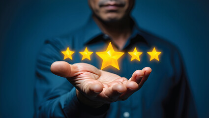 Touchscreen with glowing icons for service quality, satisfaction rating, and international standard compliance