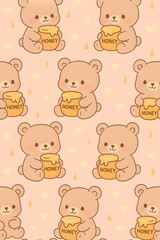 Obraz premium Seamless Kawaii Bear Pattern – Cute Baby Bear with Honey Jar Design
