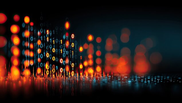Abstract digital binary code image with bokeh lights