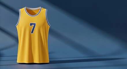 Bright yellow basketball jersey displaying the number seven against a blue wall.