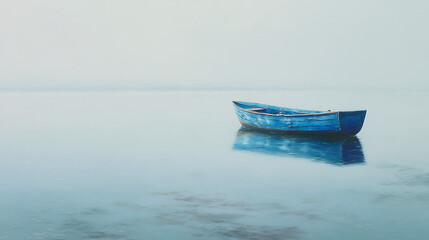 Naklejka premium A solitary blue wooden boat floats on calm tranquil waters under a hazy sky image