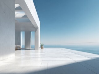 Fototapeta premium A white building with a balcony overlooking the ocean. The balcony has a potted plant on it