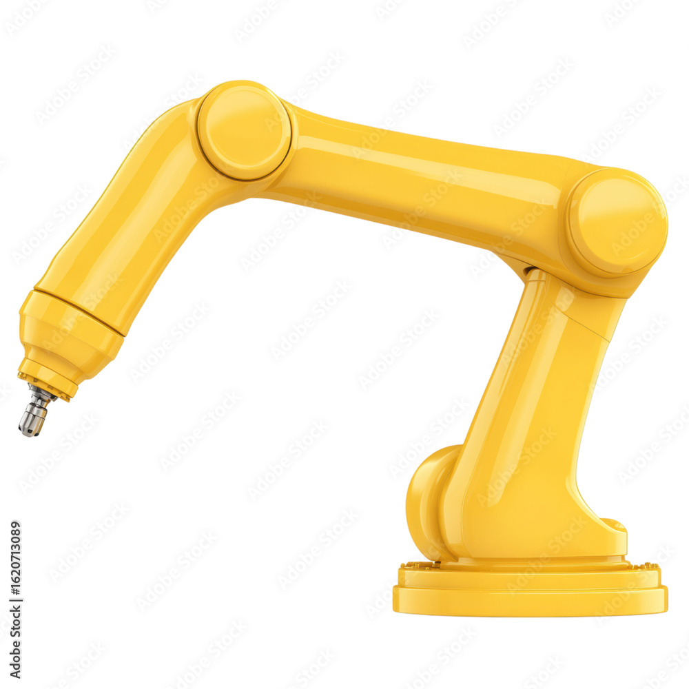 Poster a yellow robotic arm designed for precision tasks and industrial automation, featuring articulated j