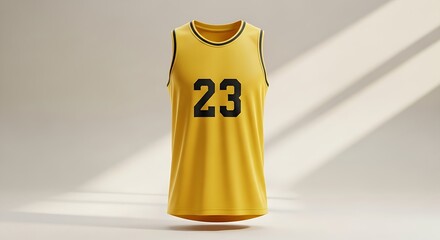 A vibrant yellow basketball jersey with black trim and number twenty-three stands in sunlit