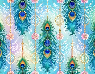 Colorful seamless pattern featuring elegant peacock feathers with floral and ornamental details on vibrant blue backgrounds. Perfect for fabric prints, wallpapers, gift wraps, and festive designs.