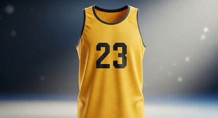 Vibrant yellow jersey with number twenty-three is centered against an abstract backdrop.