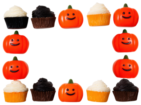 Colorful cupcakes and smiling pumpkin decorations arranged in a festive pattern.