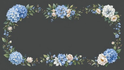 Hydrangea myosotis rose peony blue white flowers, green leaves branches collection. Watercolor floral illustration set 