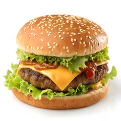 Juicy gourmet cheeseburger with fresh lettuce, melted cheddar, and savory sauces on a sesame seed bun
