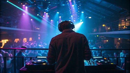 A dj playing music in a night club with a crowd of people in the background, creating a vibrant and energetic atmosphere filled with music, dance, and entertainment under colorful lights