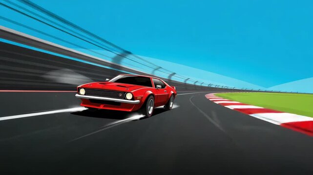 A red race car skillfully zips around a curved racetrack, showing off its speed and agility