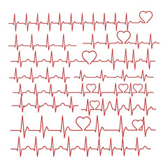 Art of heartbeat ekg lines with heart symbols representing life and health, isolated on a white background