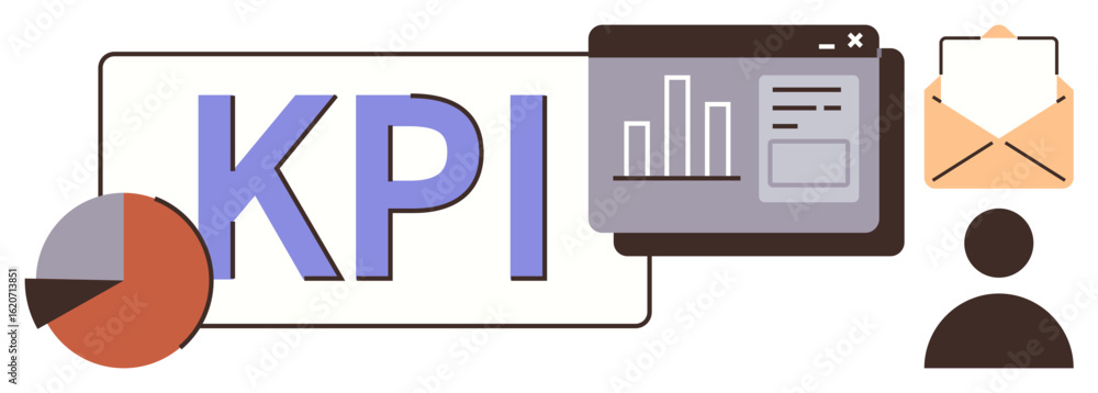 Poster kpi text, pie chart, dashboard with bar graph, envelope, and user icon. ideal for analytics, perform