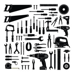 Art of collection of various hand and power tools, including saws, drills, wrenches, and screwdrivers, arranged for a comprehensive display