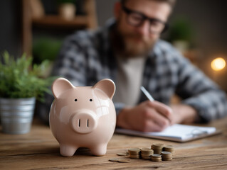 A piggy bank on a wooden desk with a person writing in the background, concept of saving money and personal finance, cozy warm tone