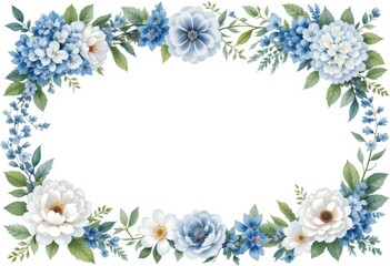 Hydrangea myosotis rose peony blue white flowers, green leaves branches collection. Watercolor floral illustration set 