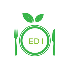 EDI Letter Logo. EDI Organic Food Logo with Plate, Fork, Knife, and Leaf Icon – Healthy Restaurant and Eco-Friendly Dining Design.
