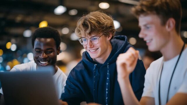 A multicultural team of developers works on a tech project, with code and notes displayed in various languages.