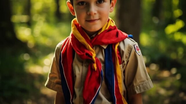 Diverse group of scouts proudly wearing colorful neckerchiefs against forest backdrop