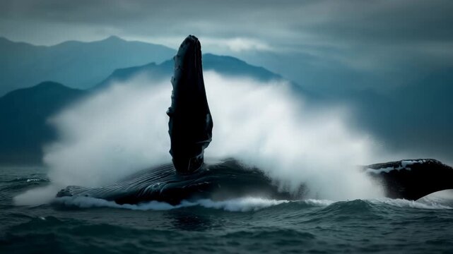 Whale mid-breach with ocean and mountains