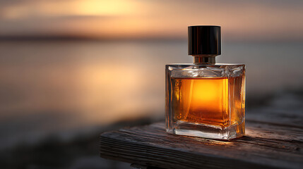 Amber liquid in clear glass bottle with dark cap on weathered wood surface against soft sunset glow