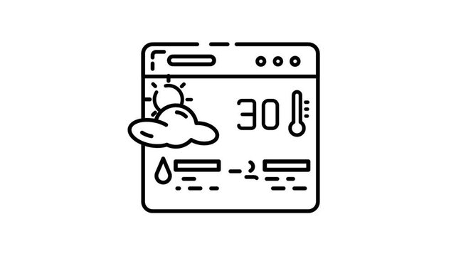 Weather forecast icon showing sun, clouds, rain, wind, and temperature on a digital screen