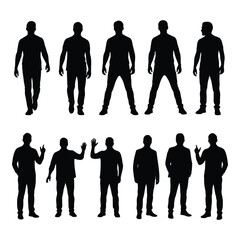 Art of collection of male silhouettes in various poses and attire, isolated on white background