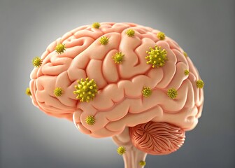 Illustration of a brain affected by viruses, depicting the concept of viral infection and its impact on neurological health and function, representing medical research and healthcare