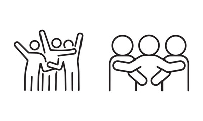 Group hug icon. Thin line editable stroke illustration for friendship, celebration, bonding, happiness, love, unity and emotional connection. Vector illustration eps file.