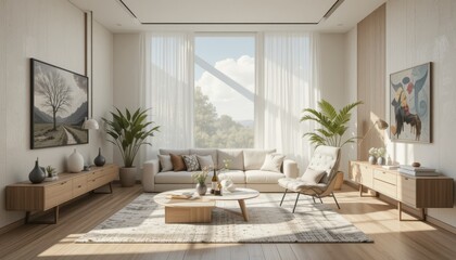 Fototapeta premium Close up Table in cozy living room, Room Interior Design with Sunlight