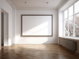 A large white wall with a black frame. The wall is empty. There is a radiator on the wall