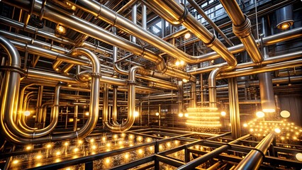 Fototapeta premium Vector art of complex industrial interior with shiny pipes and lights in a factory room