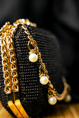 Luxury Black Evening Bag: Gold Chain & Pearl Detail